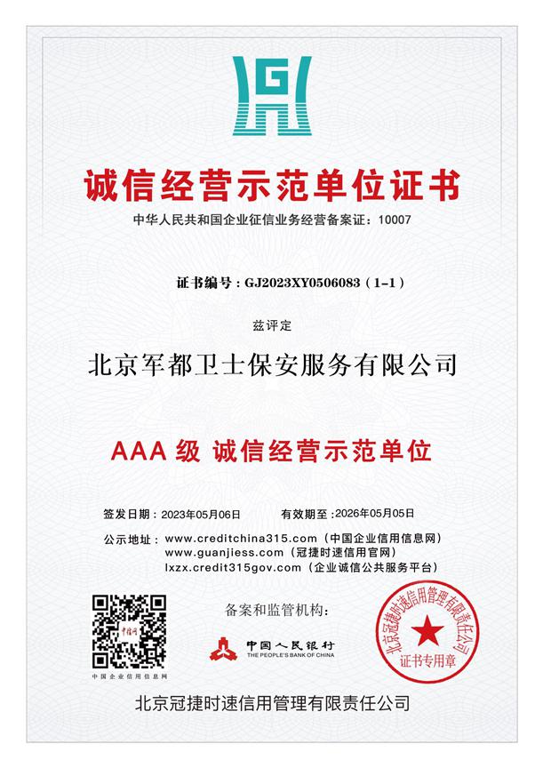 诚信经营示范单位证书